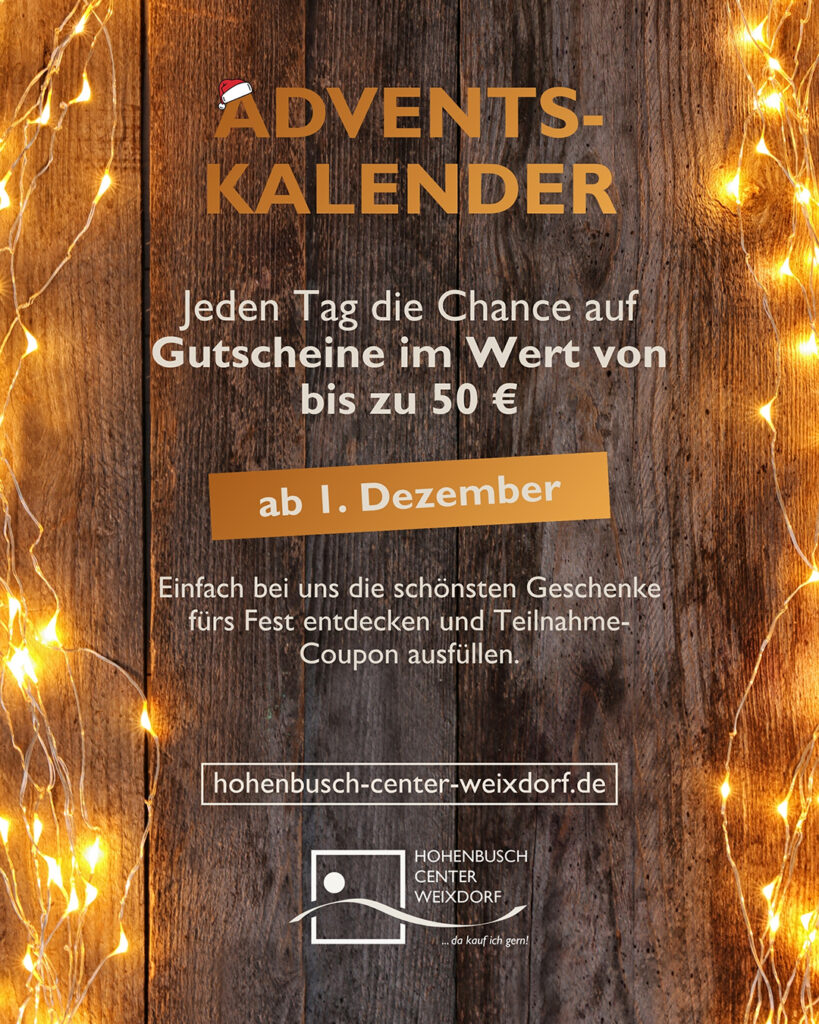Die Grafik wirbt für den Adventskalender 2026 im Hohenbusch Center Weixdorf.